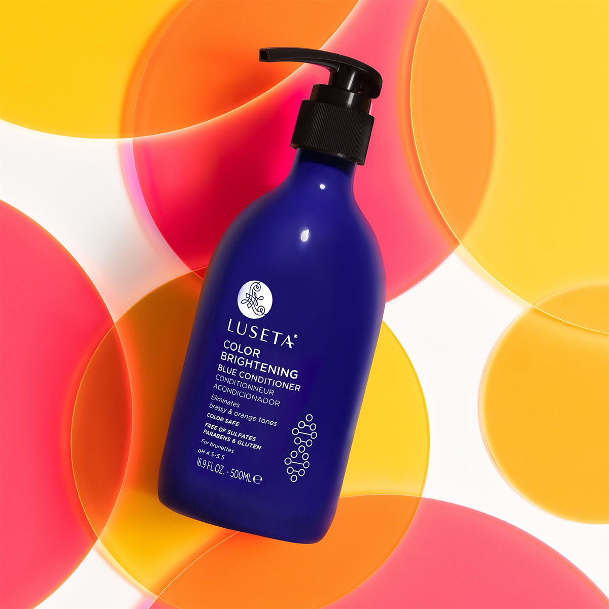 Lifestyle shot with Luseta Blue Conditioner suggesting routine use for brighter brunette hues.