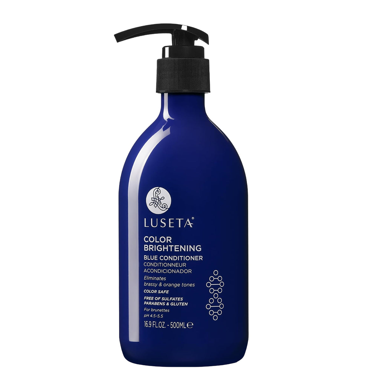 Luseta Blue Conditioner bottle on a sink for brassy neutralizing care.