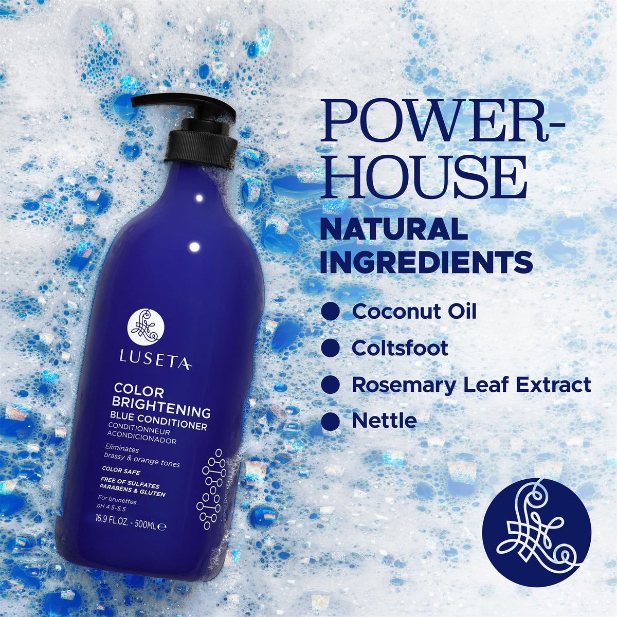 Luseta Blue Conditioner with color swatches hints at vibrant cool brunette tones.