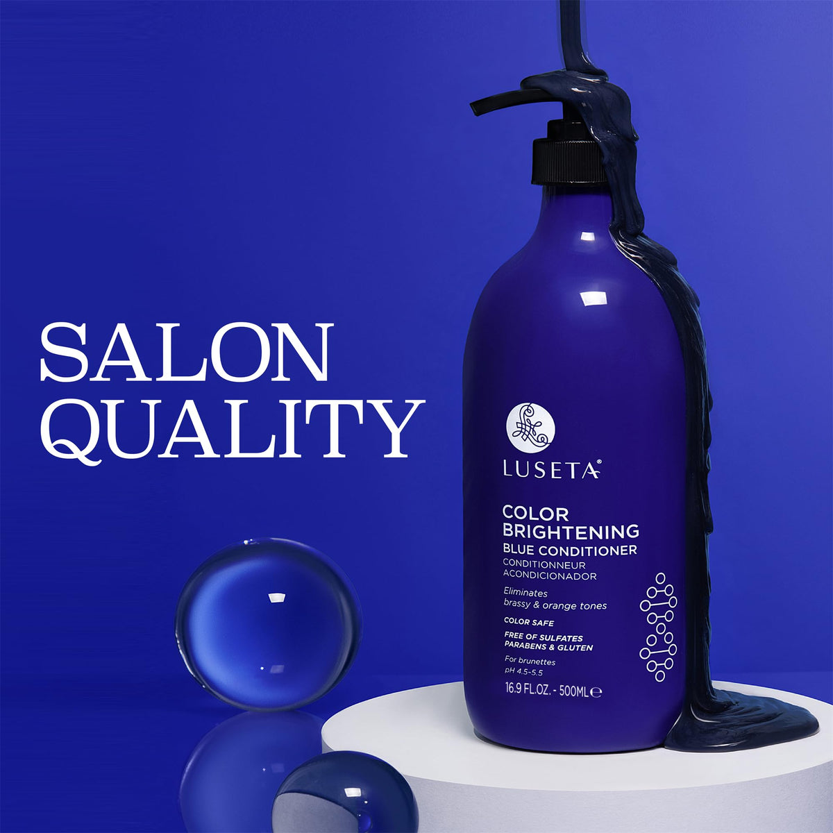 Luseta Blue Conditioner label emphasizes sulfate, phosphate, and paraben free formula.