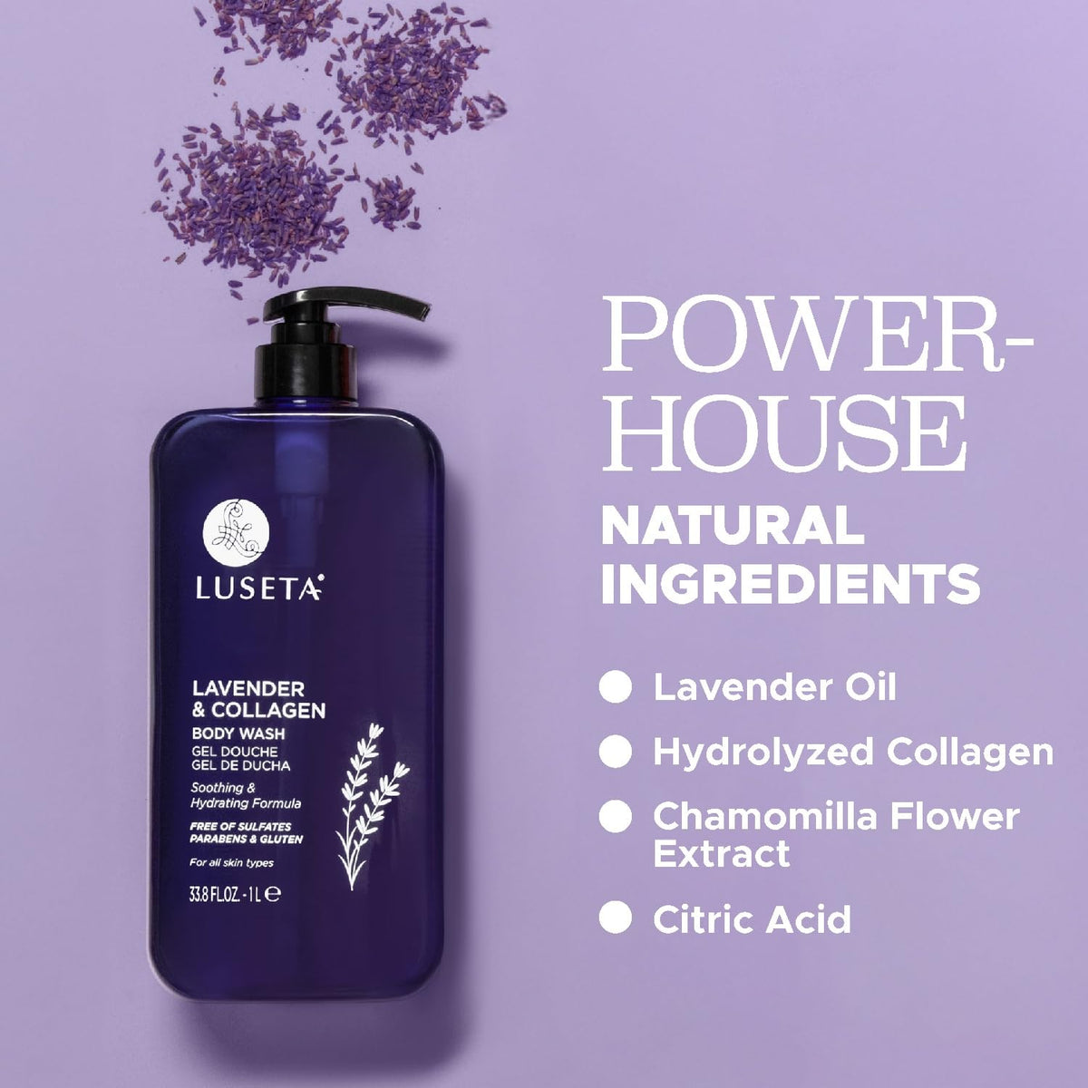 Luseta calming lavender aroma in shower scene suggesting spa-like relaxation.