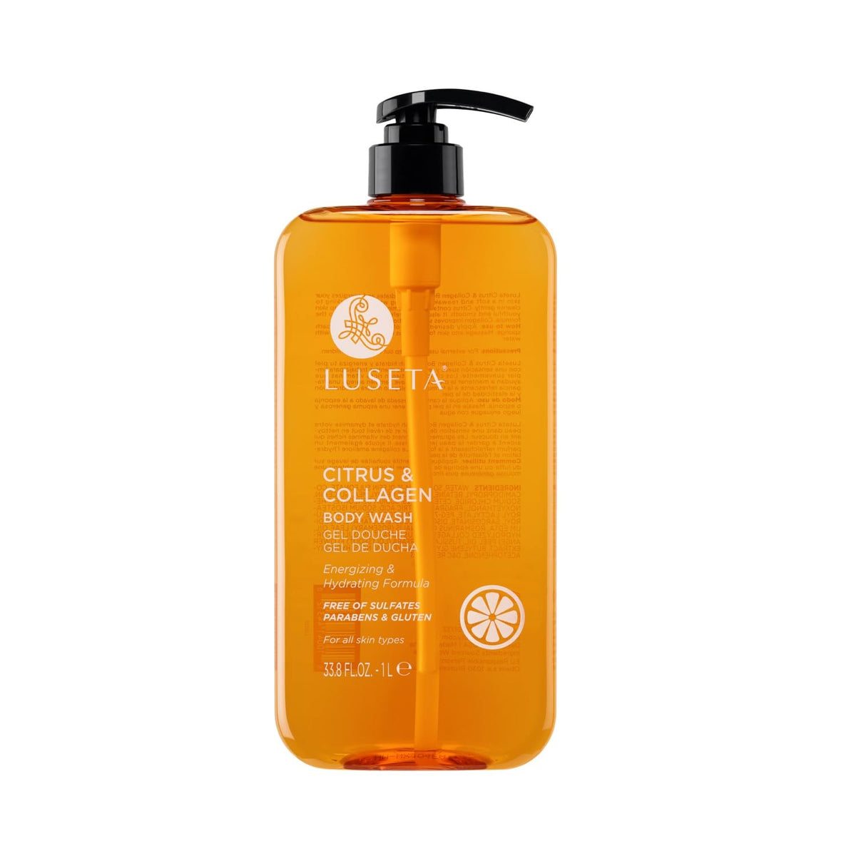 L LUSETA Citrus & Collagen Body Wash bottle pouring for a refreshing cleanse