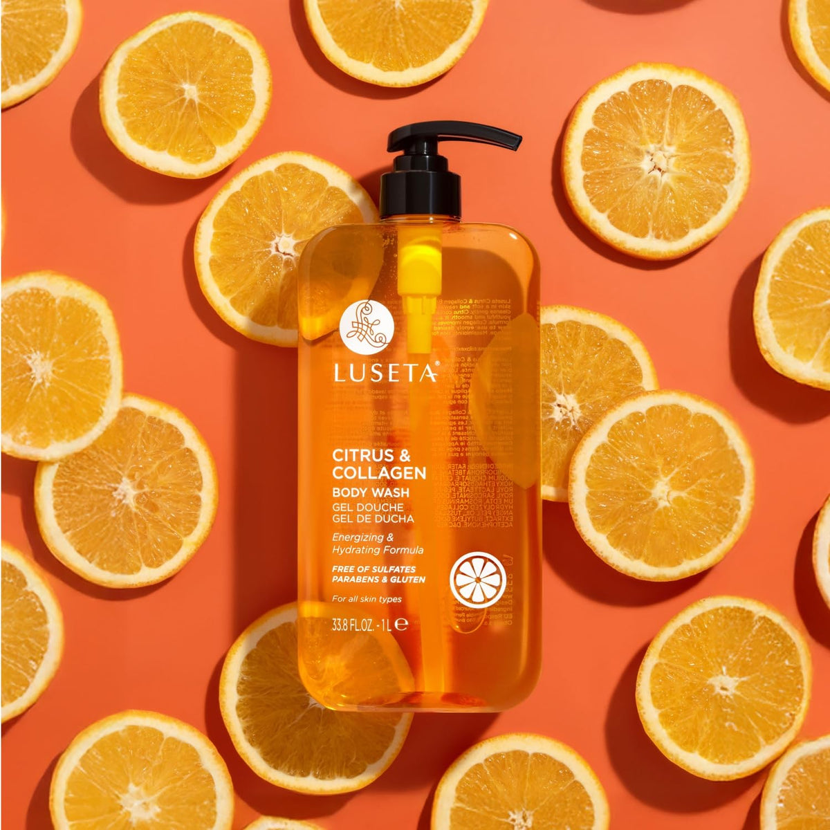 Texture close-up of Luseta Citrus & Collagen Body Wash showing elasticity support