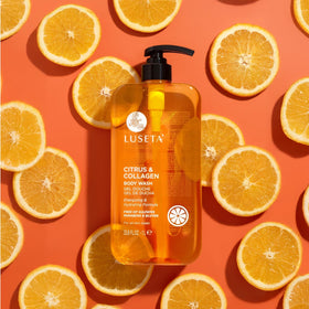 Texture close-up of Luseta Citrus & Collagen Body Wash showing elasticity support