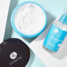 Coconut milk ingredient close-up with Luseta nourishes strands