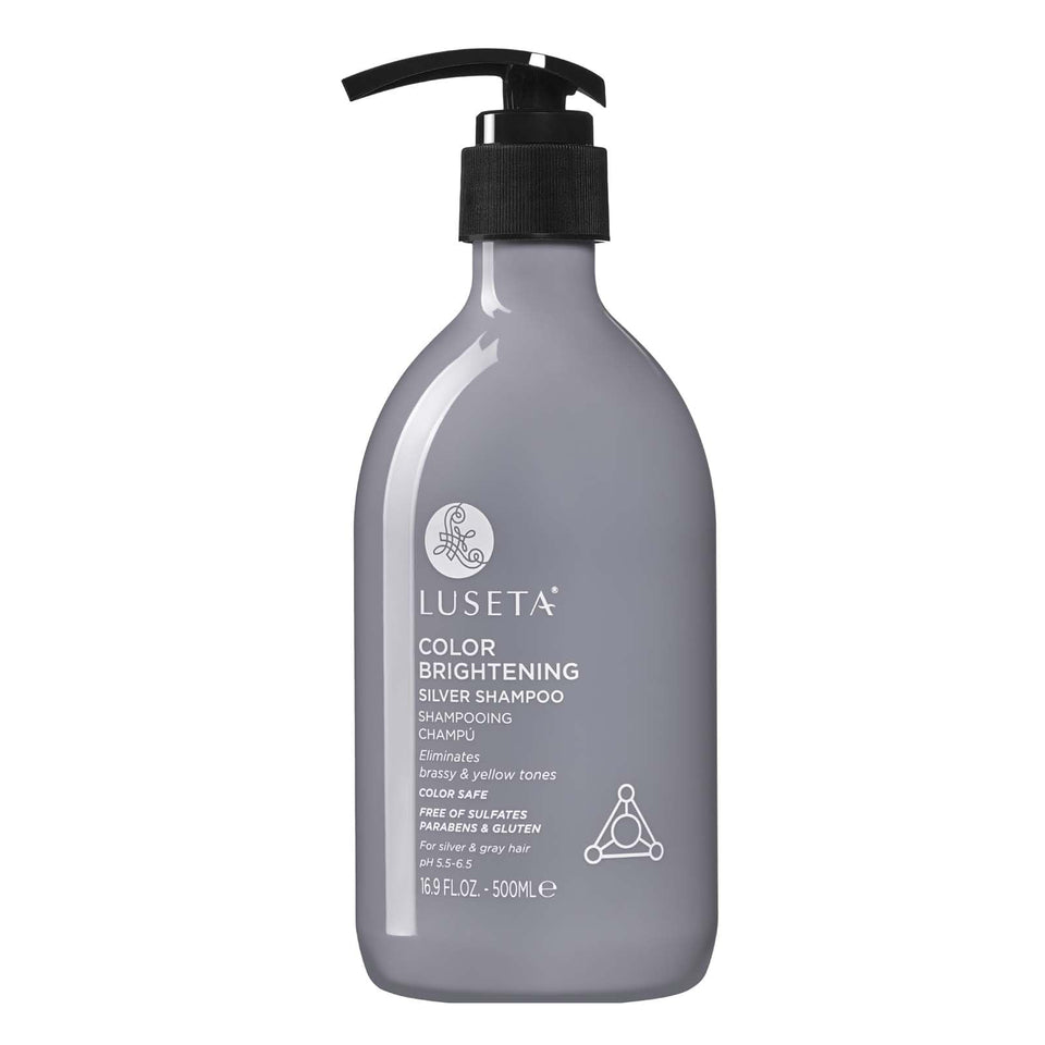 Luseta color brightening shampoo bottle for silver hair showing brassiness neutralization and cooler tones