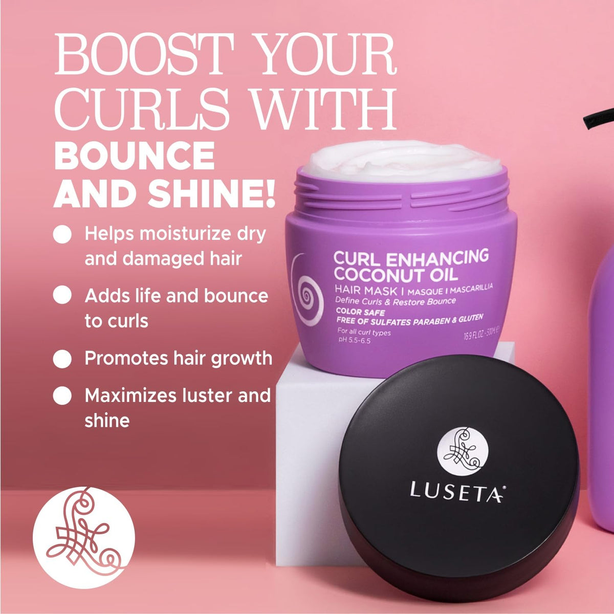 Luseta Curly Hair Mask jar with rose petals, natural ingredients implied