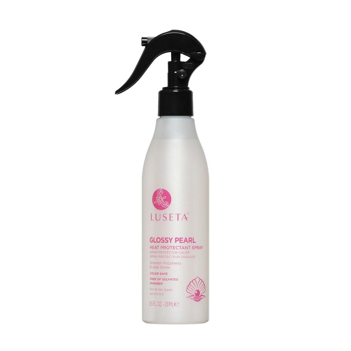 Luseta Glossy Pearl Heat Protectant Spray bottle shows sleek packaging and protection for hair