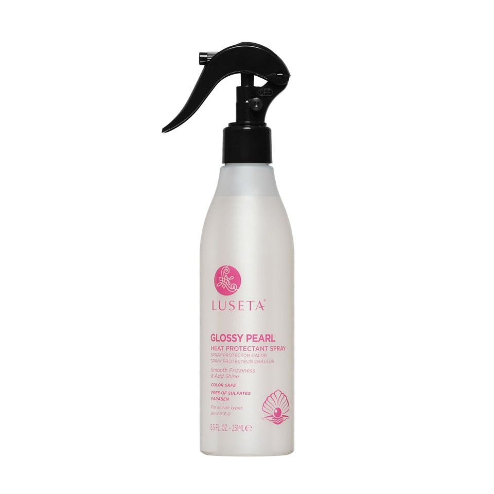 Luseta Glossy Pearl Heat Protectant Spray bottle shows sleek packaging and protection for hair