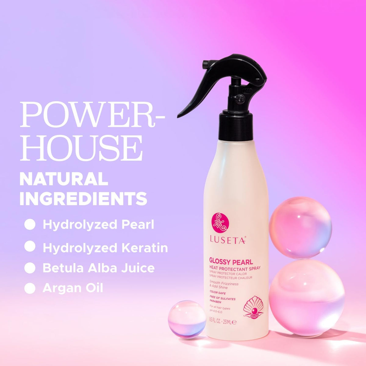 Luseta Glossy Pearl Heat Protectant Spray front-label close-up highlights pearl-infused shine