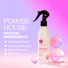 Luseta Glossy Pearl Heat Protectant Spray front-label close-up highlights pearl-infused shine