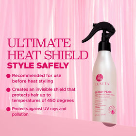 Luseta Glossy Pearl Heat Protectant Spray mist demonstrates even application on damp hair