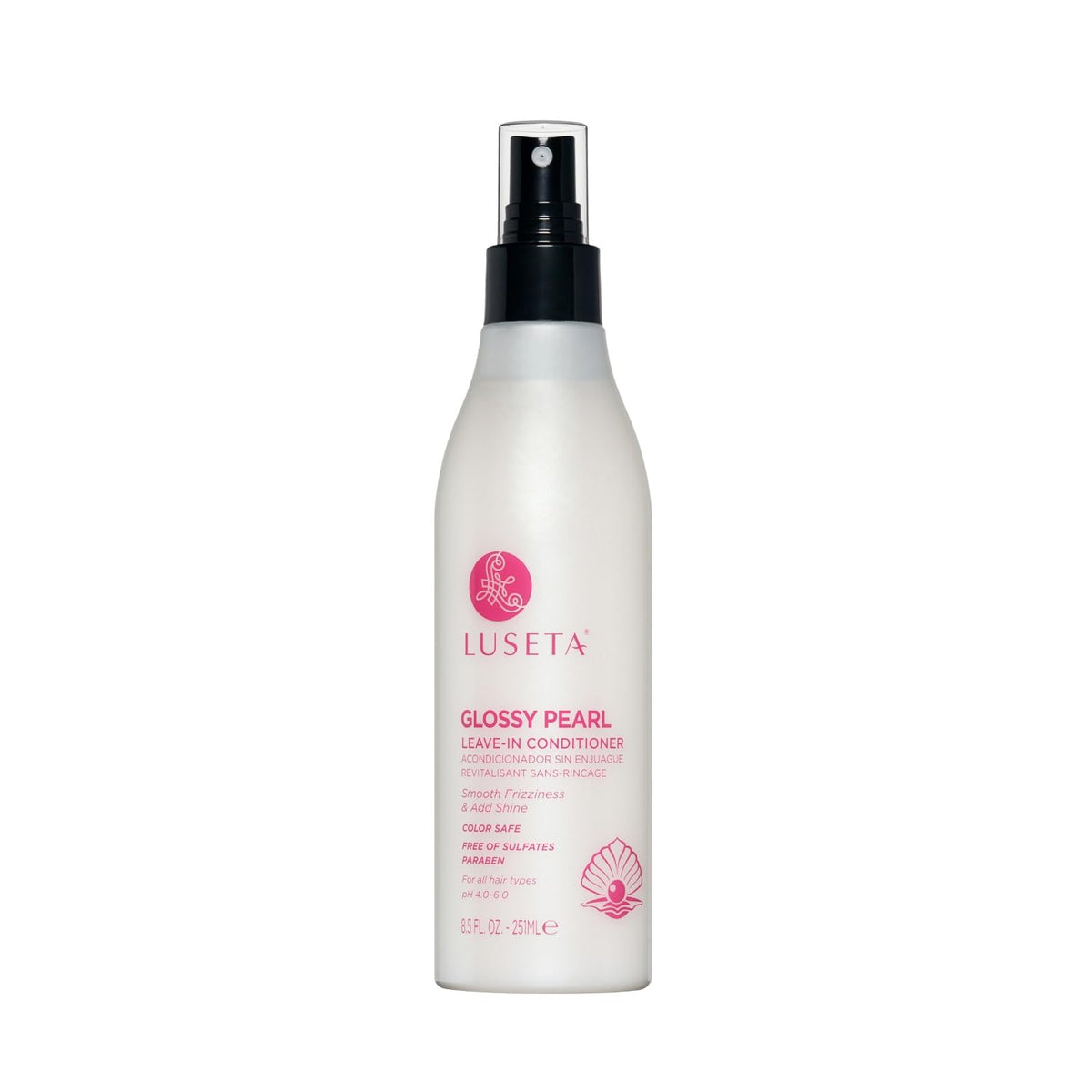 Luseta Glossy Pearl Leave-In bottle front view showing sleek packaging and hydration promise