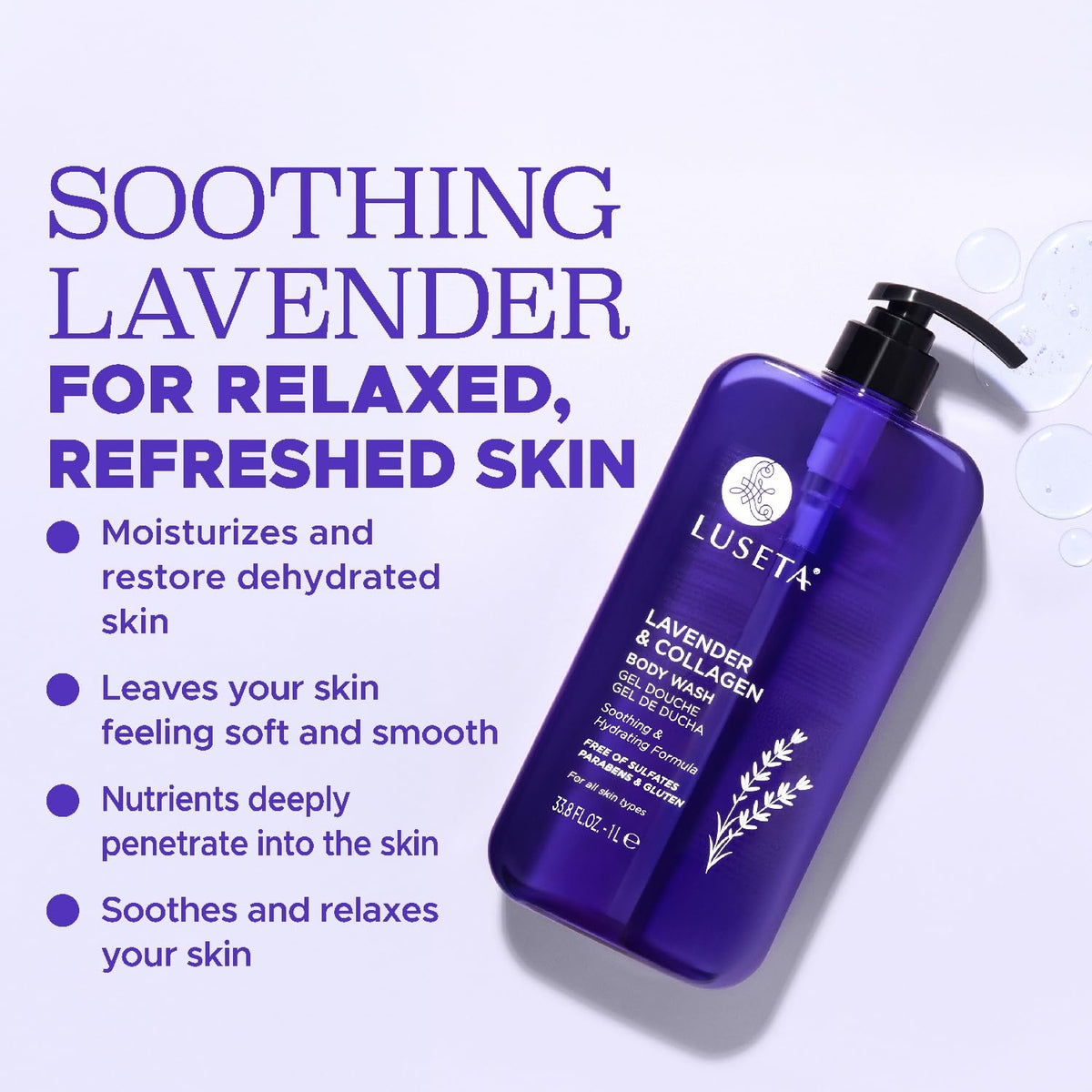 Luseta body wash pump dispenser showing rich hydration and elasticity support.