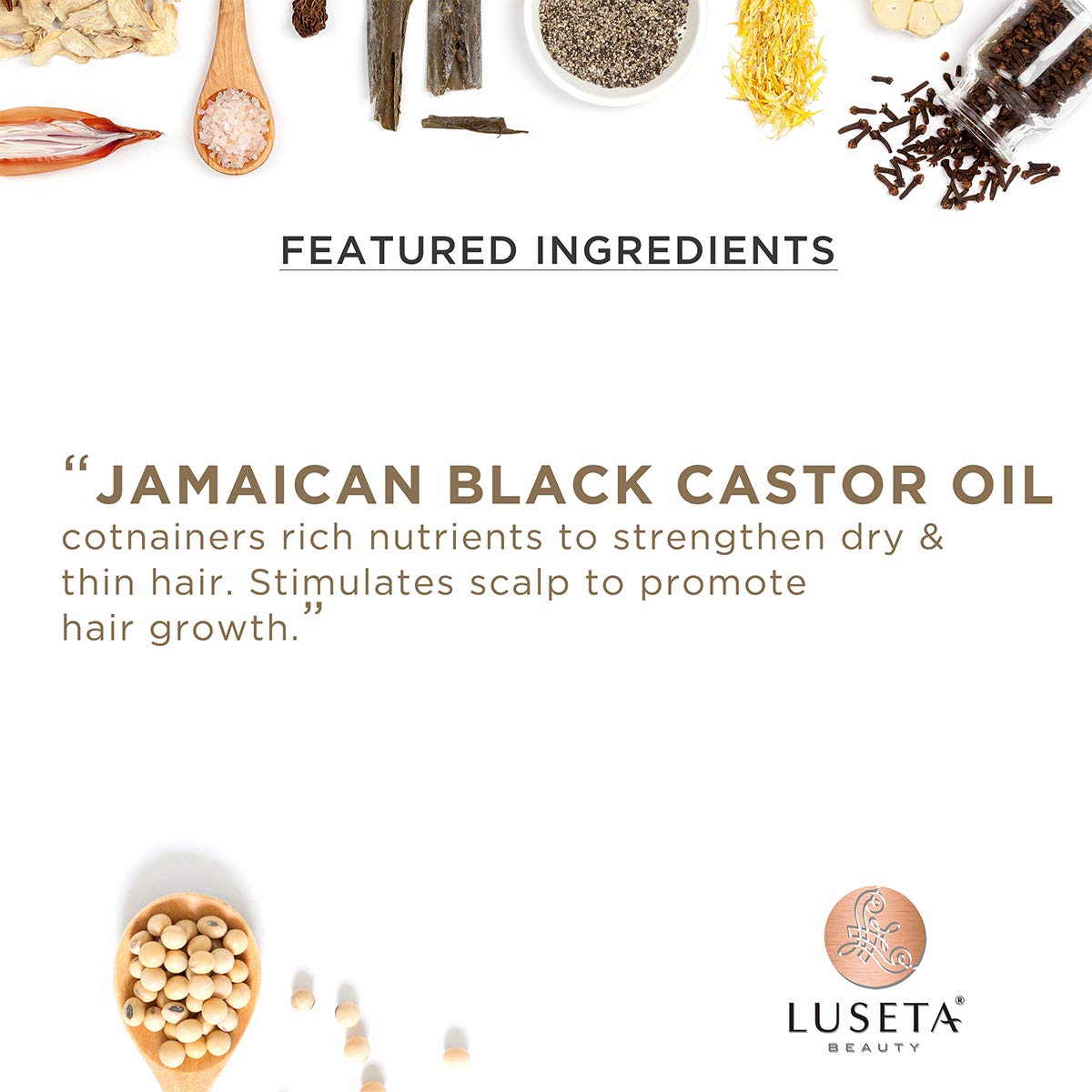 Luseta ingredients panel shows hydrolyzed proteins and castor oil