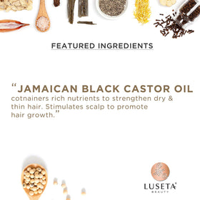 L LUSETA Jamaican castor oil close-up highlights nourishing ingredient for stronger-looking hair.