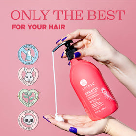 Luseta Keratin Conditioner being combed through hair to reduce frizz.