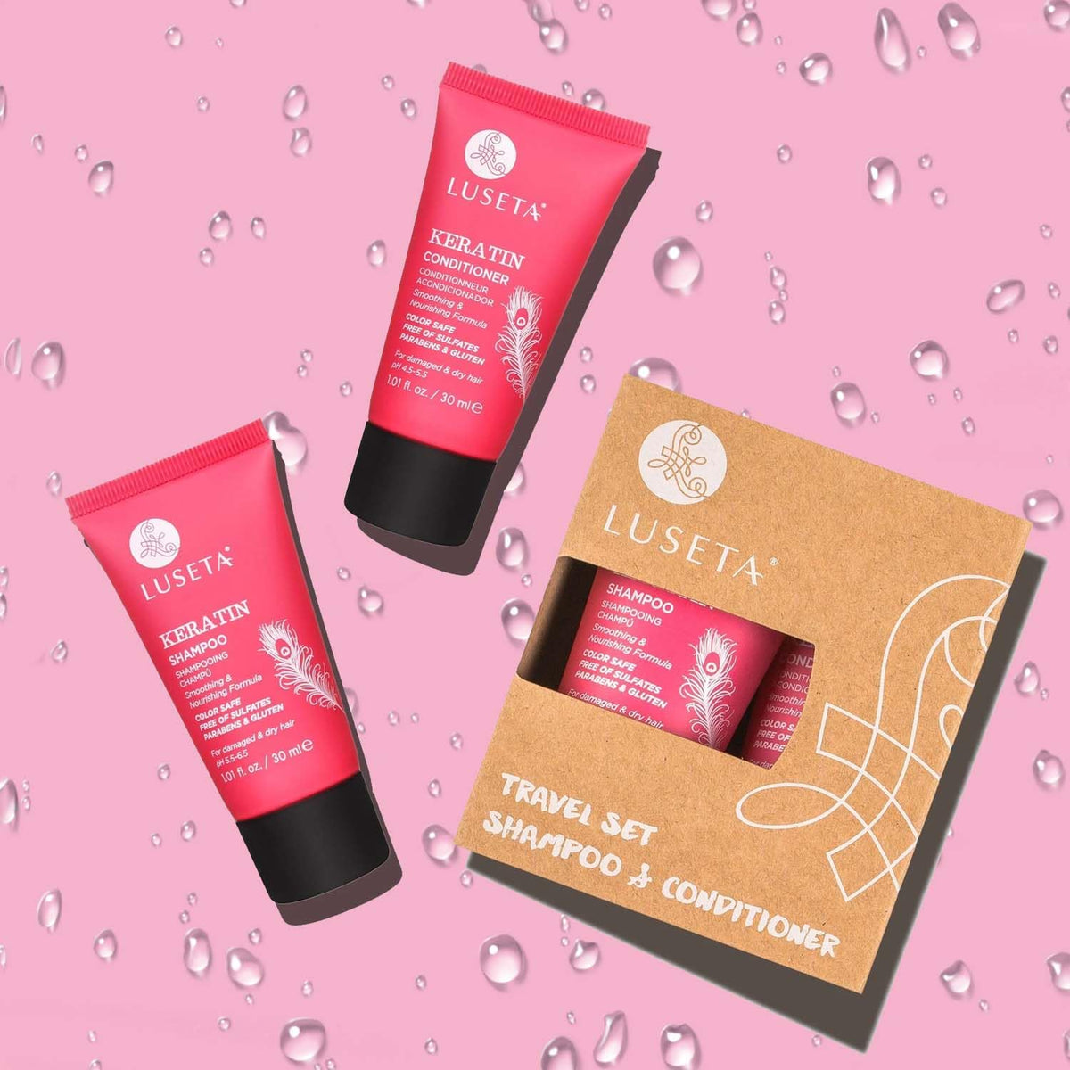 Luseta Keratin Conditioner travel-size bottle aids detangling on trips.
