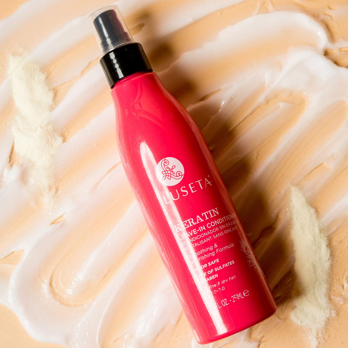 Luseta Keratin Leave-In Conditioner application cream demonstrates detangling and smoothing