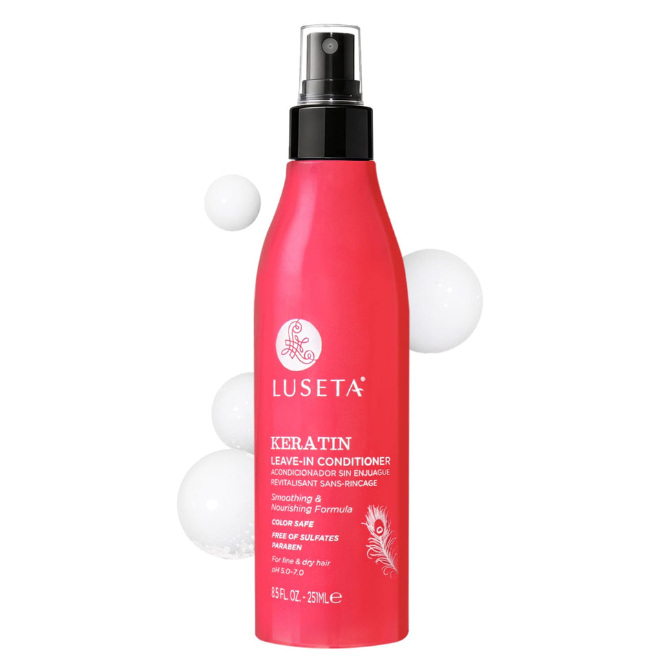 Luseta Keratin Leave-In Conditioner bottle promotes frizz control for smoother hair
