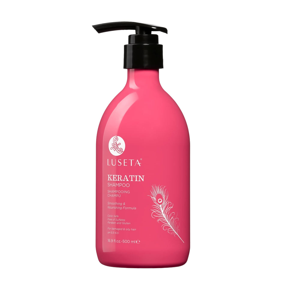 Luseta Keratin Shampoo bottle highlights color protection for damaged hair.
