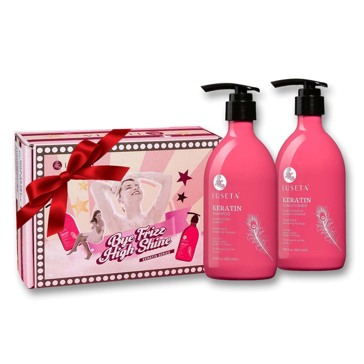 L Luseta keratin shampoo bottle promotes smoothing and hydration
