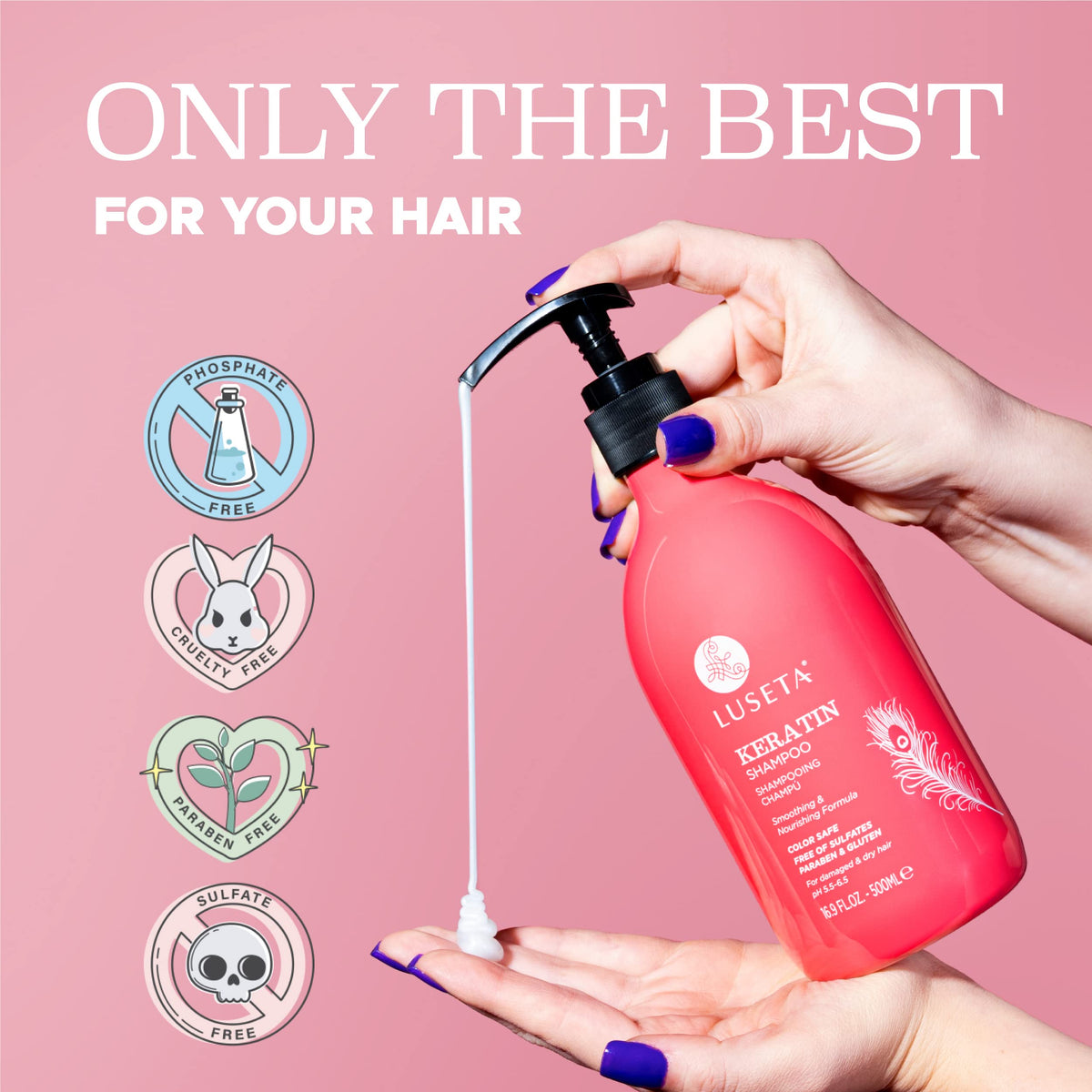 Luseta Keratin Shampoo bottle emphasizes color-safe formula for salon results.