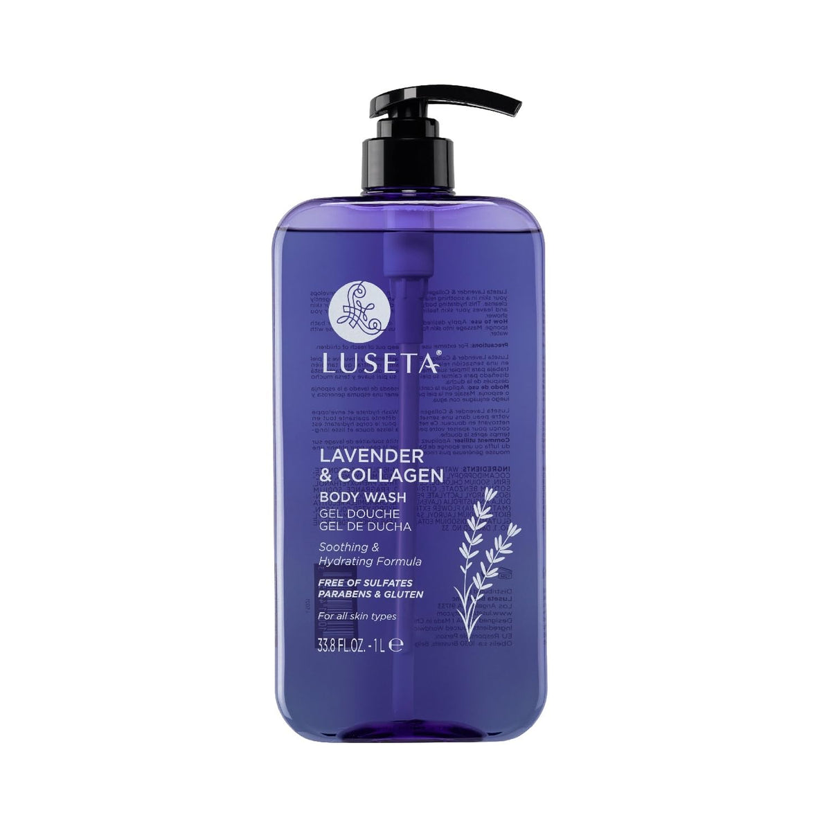 Luseta Lavender and Collagen Body Wash bottle with calming scent and hydration.