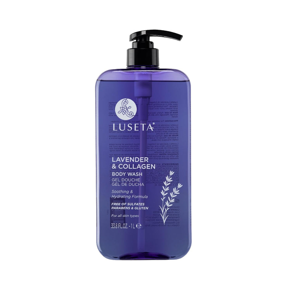 Luseta Lavender and Collagen Body Wash bottle with calming scent and hydration.