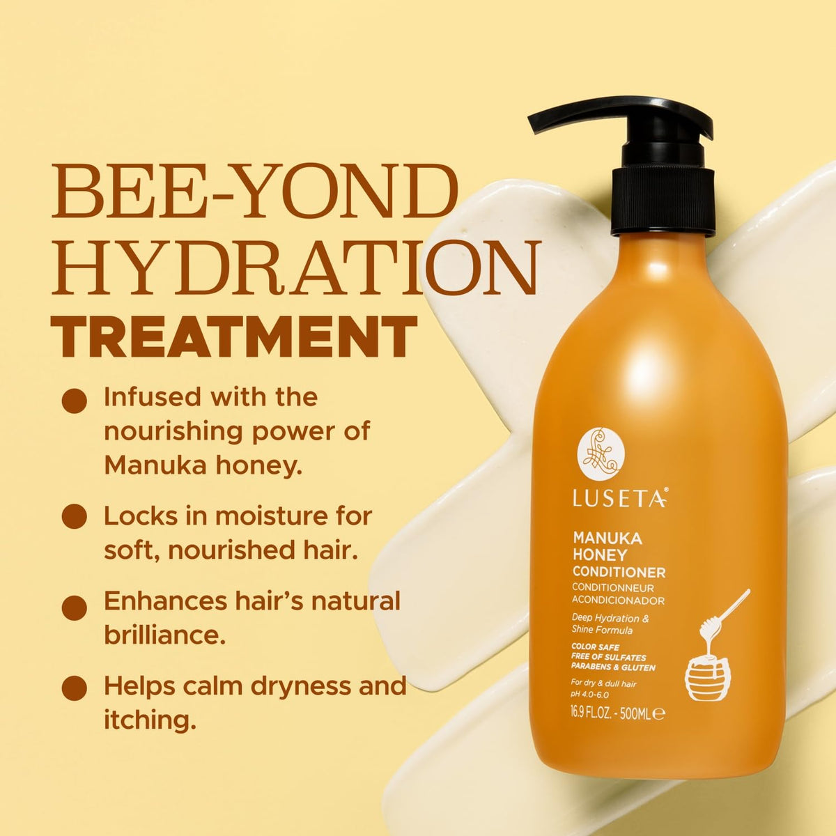Luseta Manuka Honey Conditioner label close-up highlighting natural ingredients.