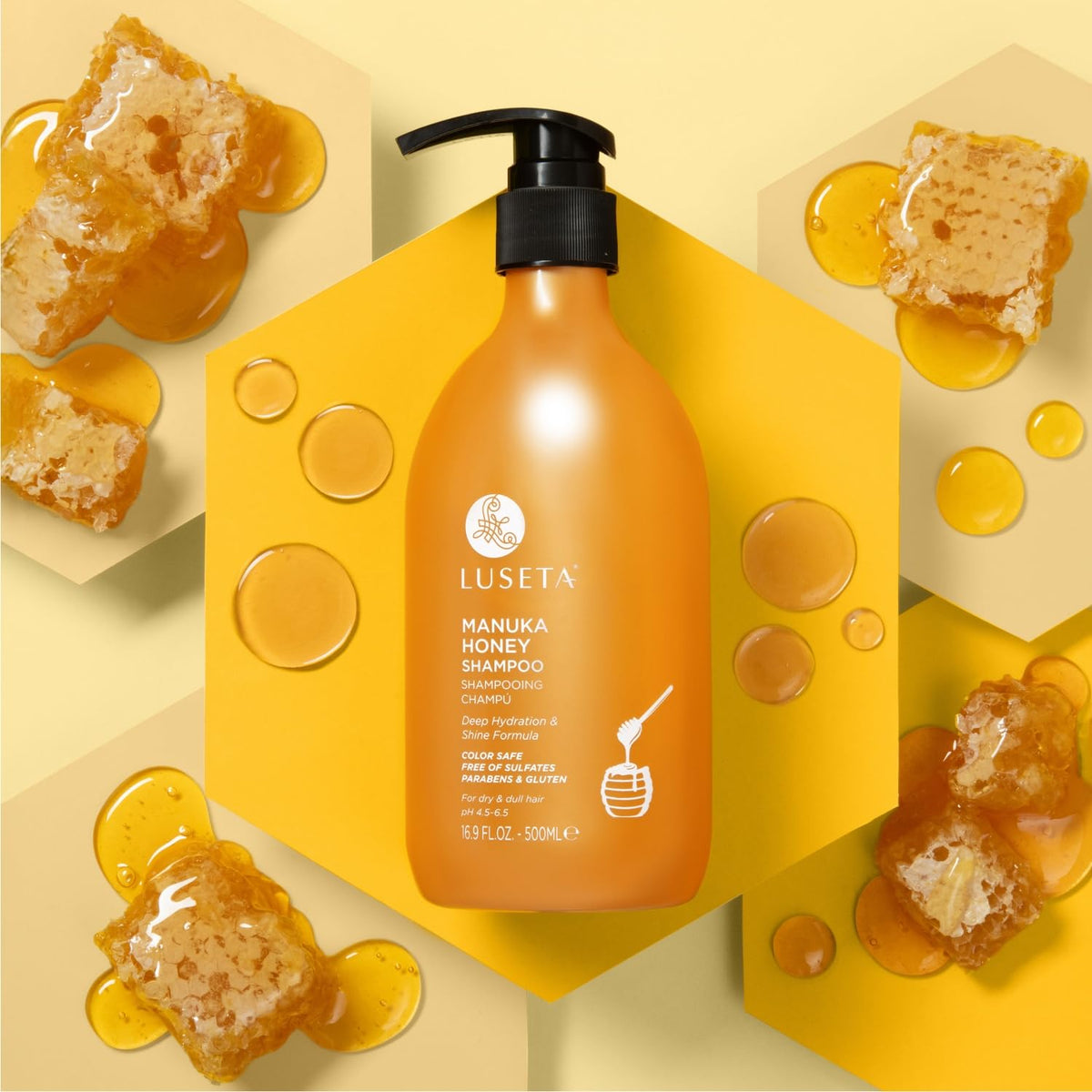 Luseta Manuka Honey Shampoo lather close-up highlighting gentle cleansing for textured hair.