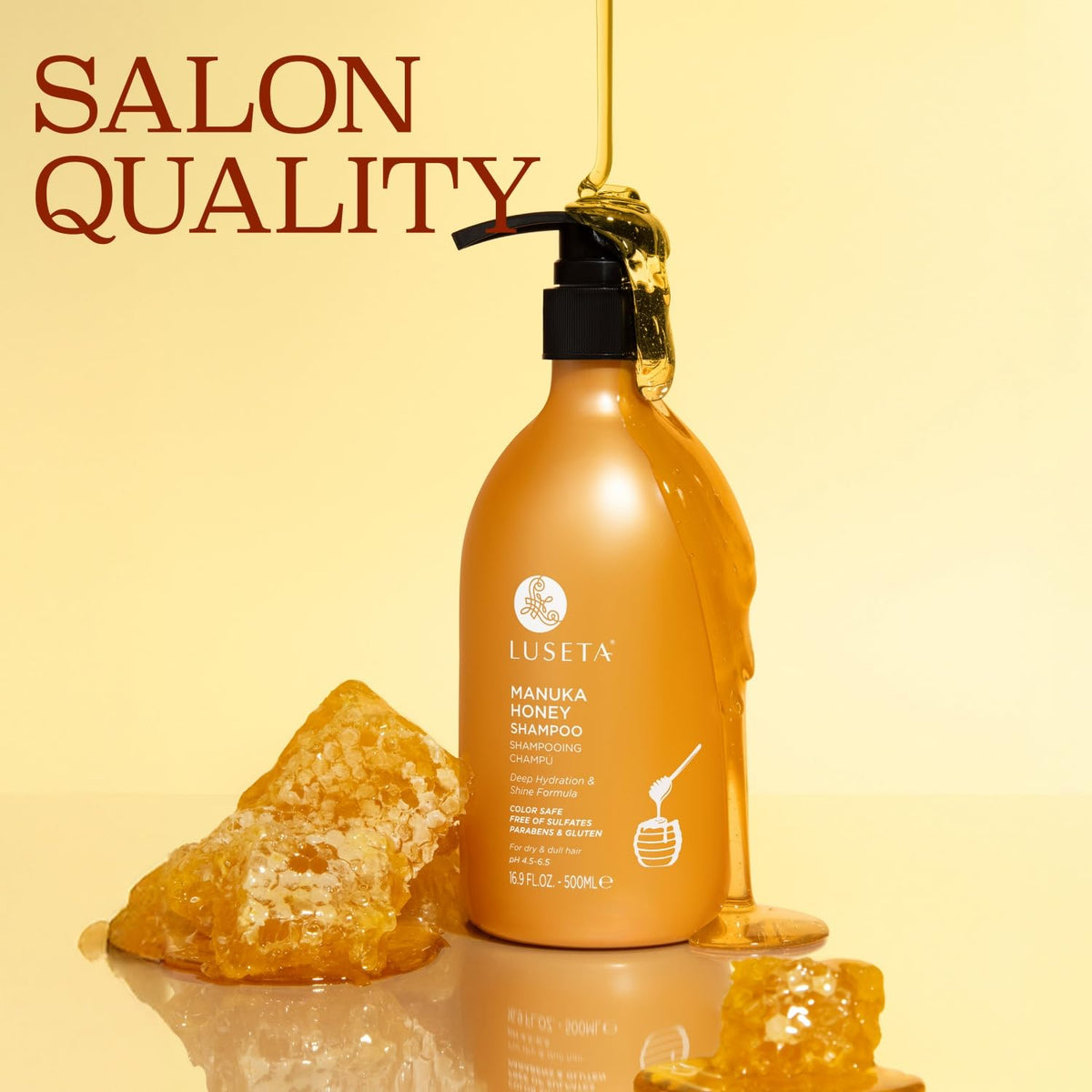 Luseta Manuka Honey Shampoo sulfate-free label emphasizing daily use and safe care.