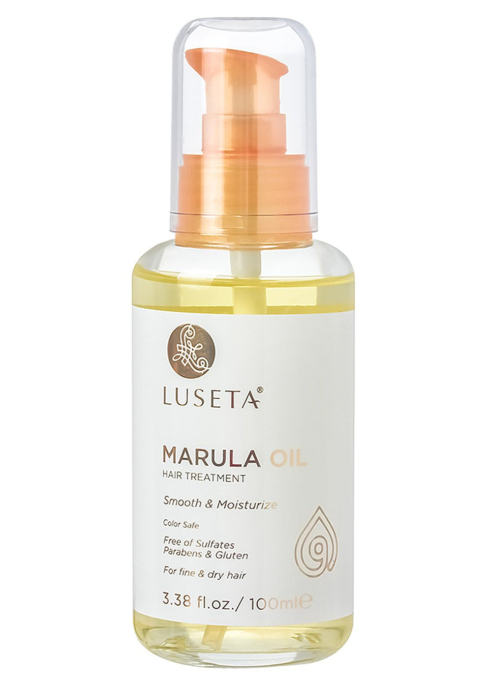 Luseta Marula Oil Hair Treatment bottle on display showing packaging and brand name with promise of shine