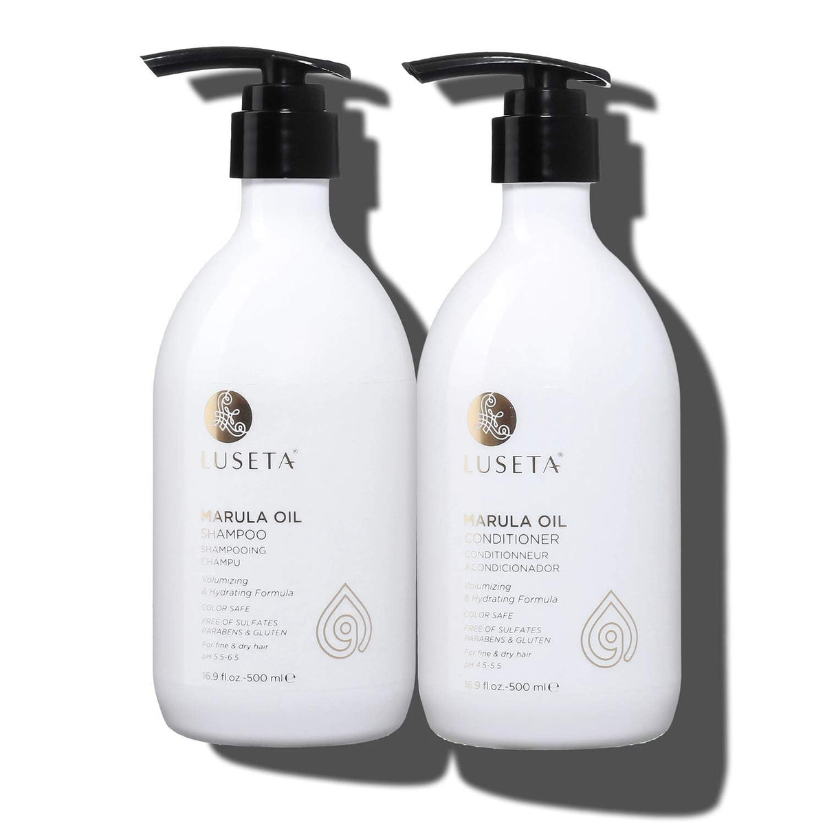 Luseta Marula Oil Shampoo bottle showing nourishing formula for fine, dry hair.