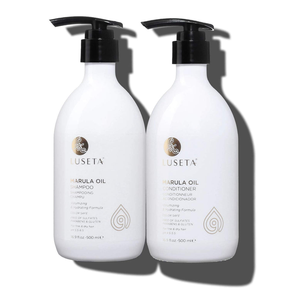 Luseta Marula Oil Shampoo bottle showing nourishing formula for fine, dry hair.