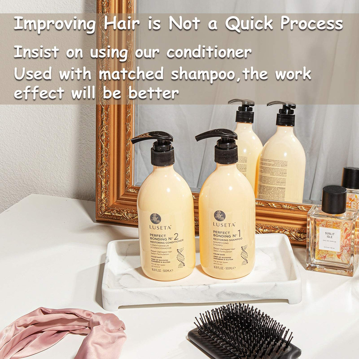 Luseta Restoring Conditioner on bathroom shelf for routine use
