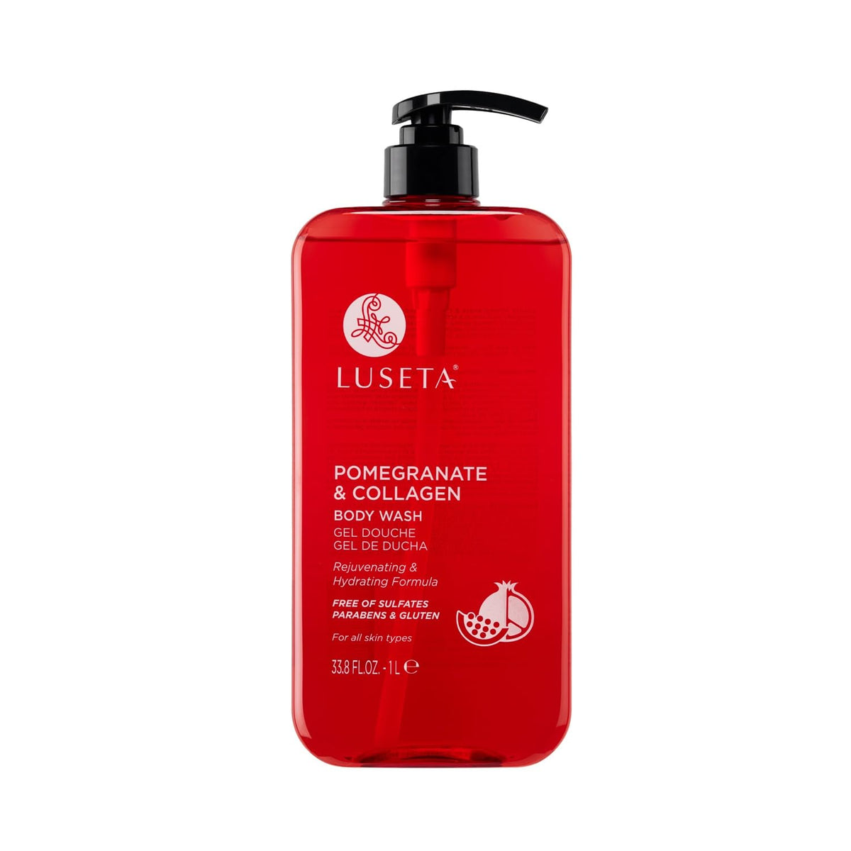 Luseta Pomegranate Collagen Body Wash bottle delivers a nourishing cleanse.