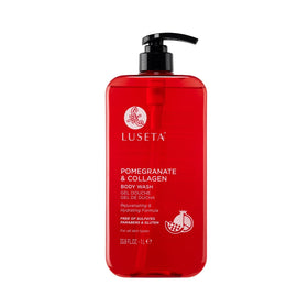 Luseta Pomegranate Collagen Body Wash bottle delivers a nourishing cleanse.