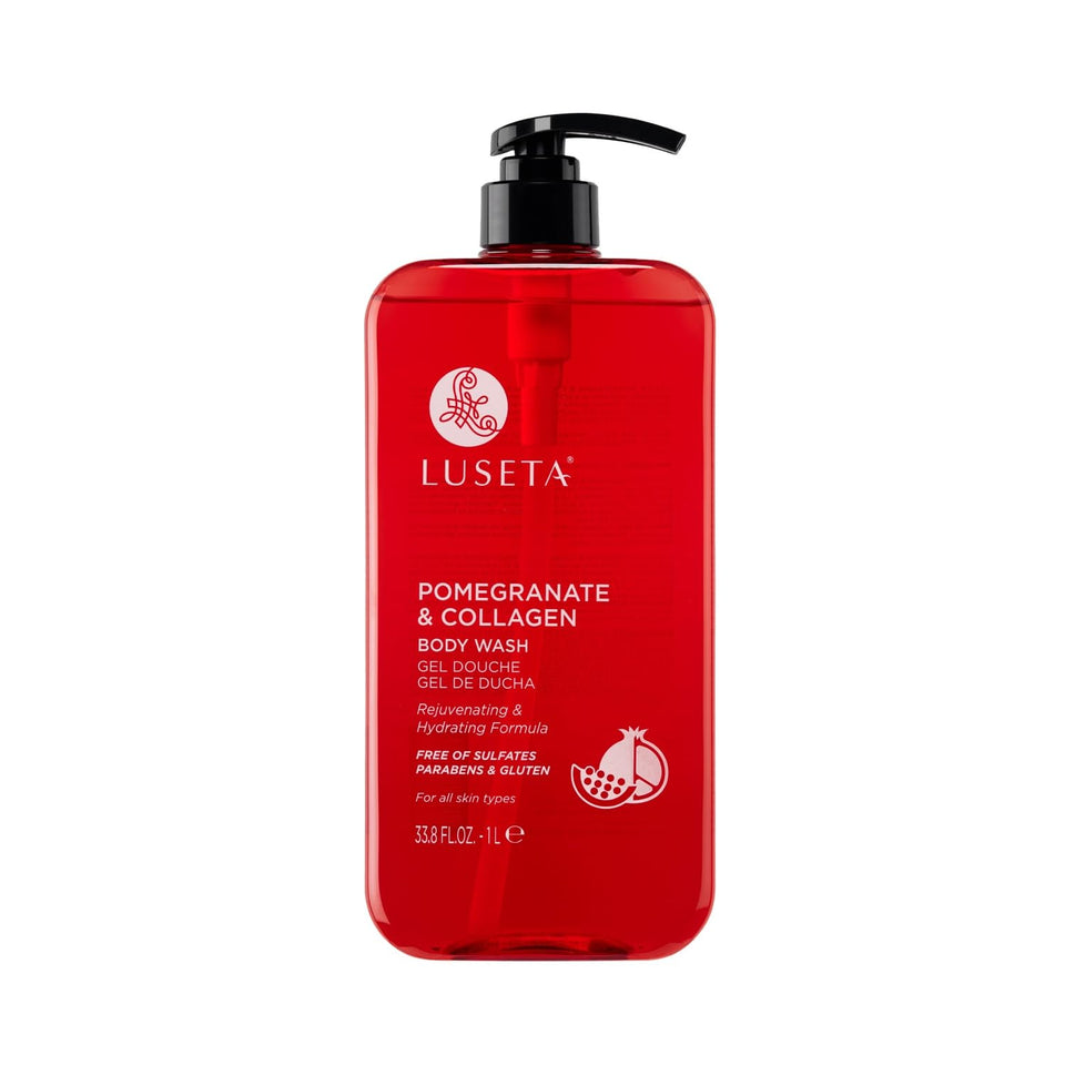 Luseta Pomegranate Collagen Body Wash bottle delivers a nourishing cleanse.