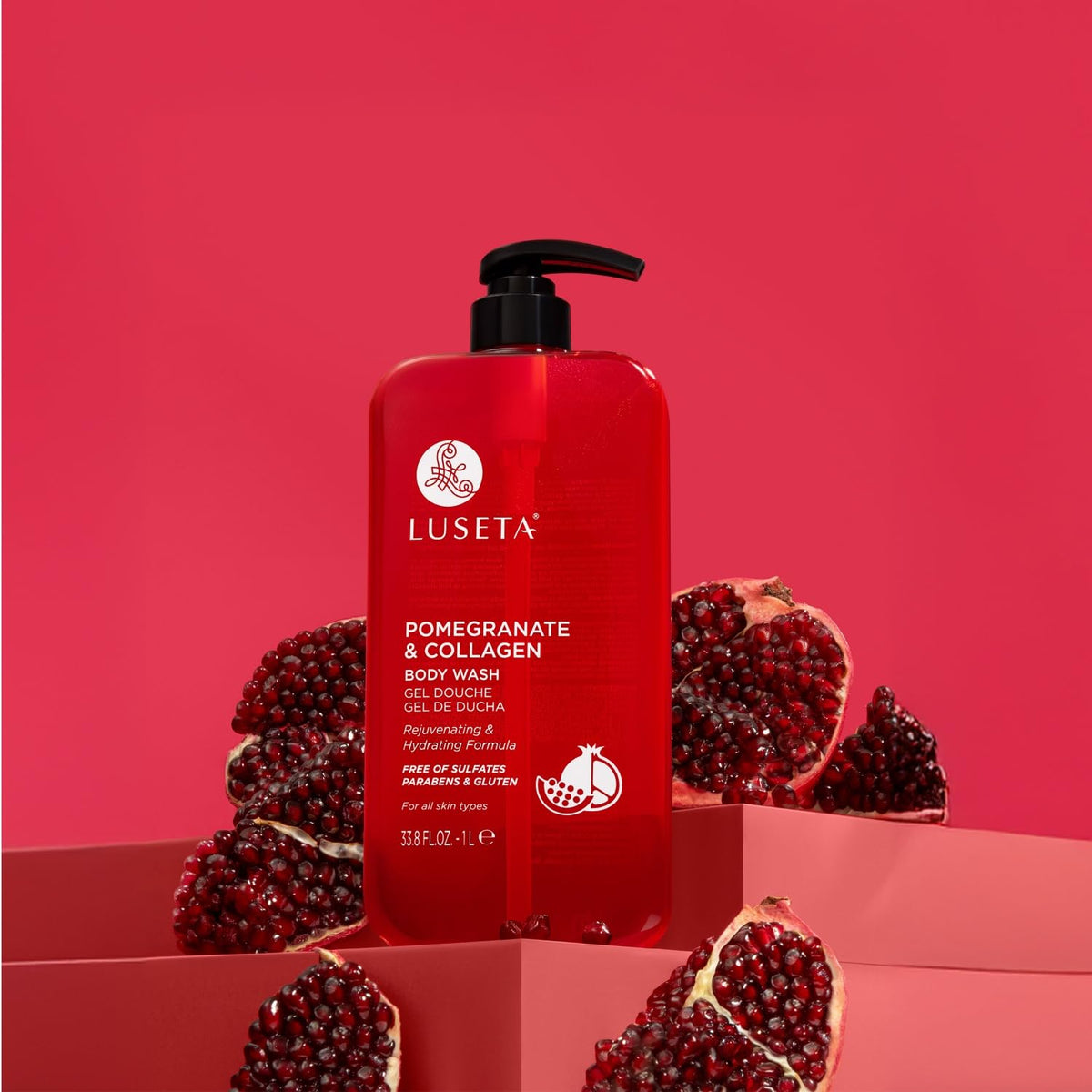 Luseta Pomegranate Collagen Body Wash lathers into rich foam.