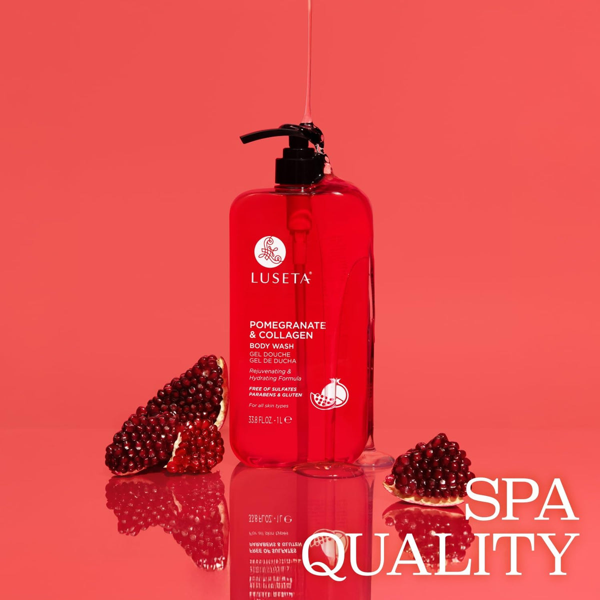 Pouring Luseta Pomegranate Collagen Body Wash for hydrating lather.