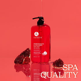 Pouring Luseta Pomegranate Collagen Body Wash for hydrating lather.