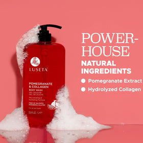 Luseta Pomegranate Collagen Body Wash foam enveloping skin with fragrance.