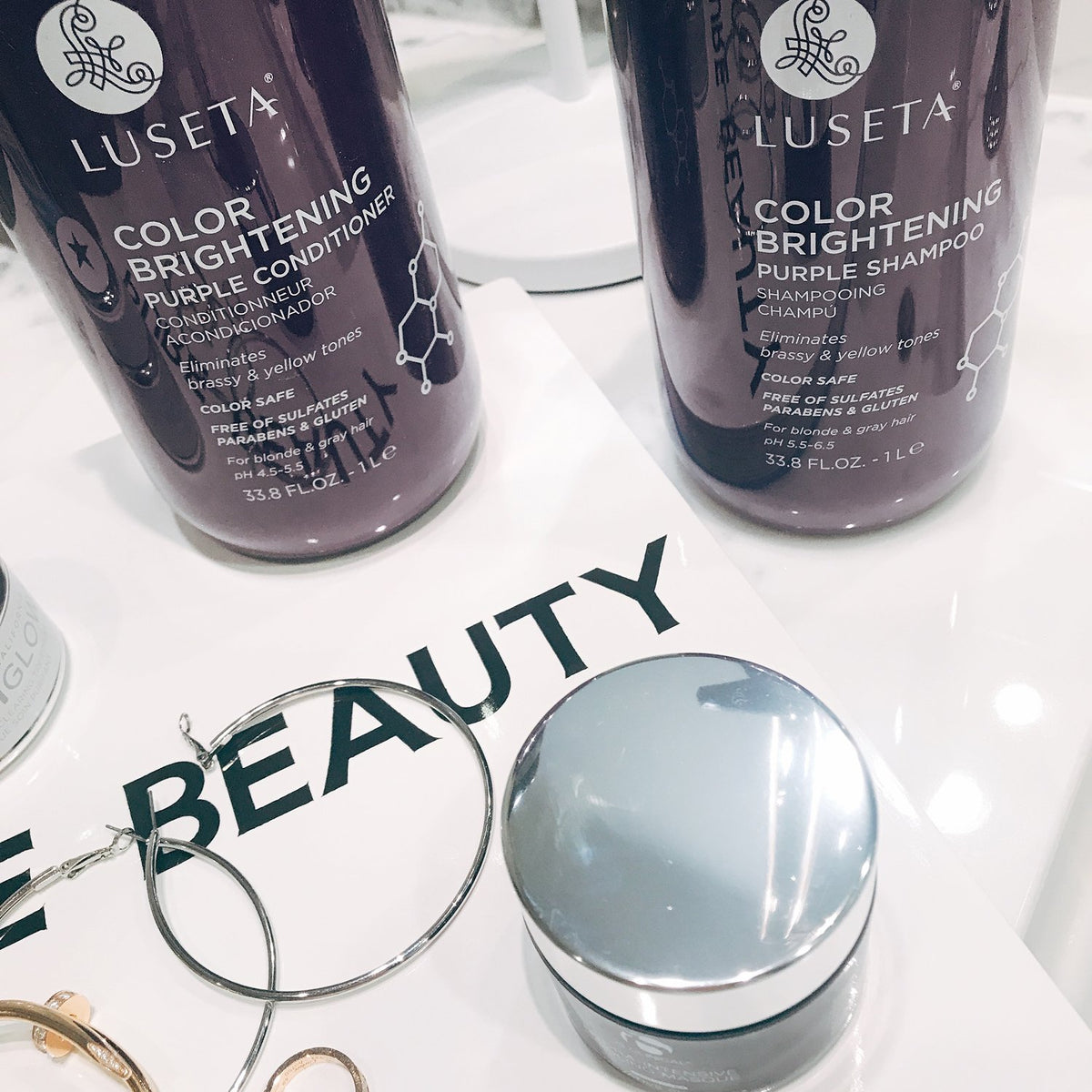 LUSETA purple shampoo and conditioner on shelf showcasing color-safe set