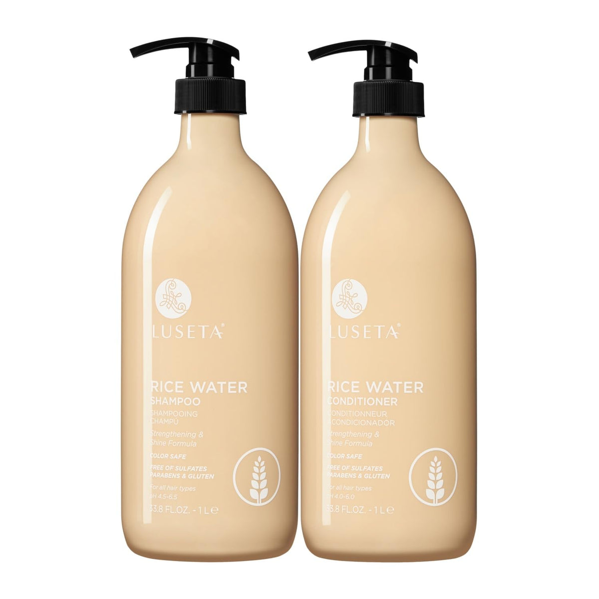 Luseta Rice Water Shampoo bottle front highlights a nourishing formula for all hair types.