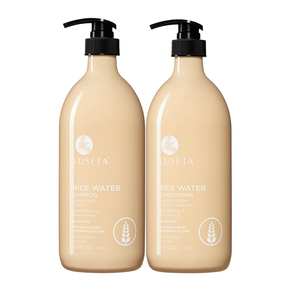 Luseta Rice Water Shampoo bottle front highlights a nourishing formula for all hair types.