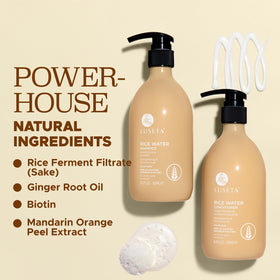 Luseta Rice Water Shampoo label closeup highlights fermentation and biotin benefits.