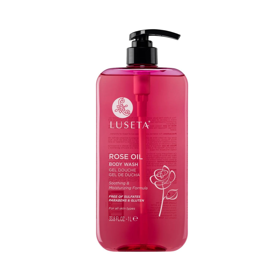 Luseta Rose Oil Body Wash bottle highlights hydrating formula for dry skin