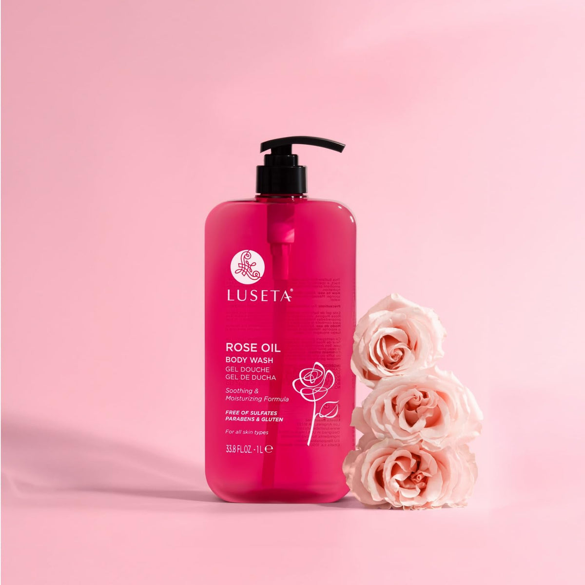 Luseta Rose Oil Body Wash pump demonstrates easy application and moisturizing benefits