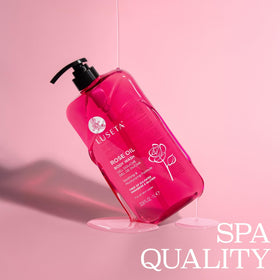 Luseta Rose Oil Body Wash in a spa-like shower with calming rose fragrance